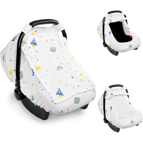 Hooyax Muslin Car Seat Cover Baby, Summer Car Seat Covers for Babies, Infants, and Newborns, Ultra Soft Breathable Universal Fit Stroller Carseat Canopy Covers for Boys Girls (Planet)