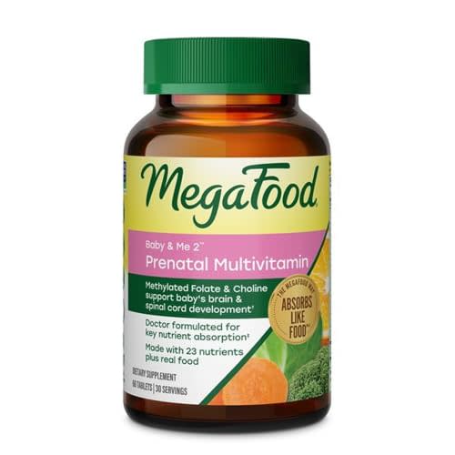 MegaFood Baby & Me 2 Prenatal Vitamins, Doctor Formulated, 60 Tablets | Prenatal Vitamins for Women with Methylfolate, Choline, Iron, Iodine, Vitamin C & D3, Non-GMO, Vegetarian, 30 Servings