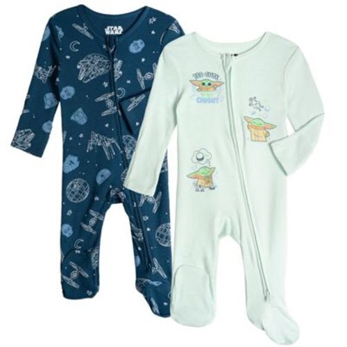 Star Wars The Mandalorian Baby Boys' 2-Pack Jersey Knit Zip Front Footed Coveralls Navy Mint Grogu 0-3 Months