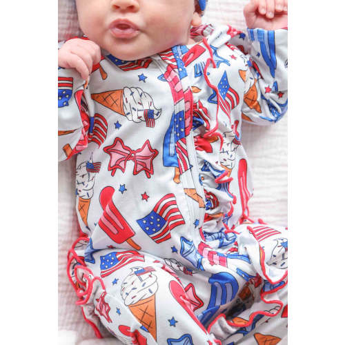 Ruffle Zipper Footie in Red, White & Cool | Caden Lane