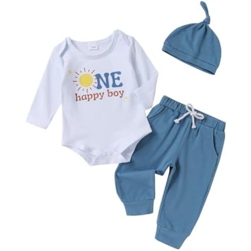 Baby Boy Clothes First Birthday Outfit Boy One Happy Dude Romper Pants Hat 3PC Set Newborn Infant Fall Outfits