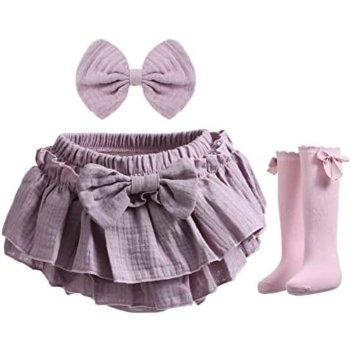 Newborn Baby Girl Cotton Skirts with Built-in Shorts Toddlers Ruffle Diaper Covers Infant Skorts with Bows Headband