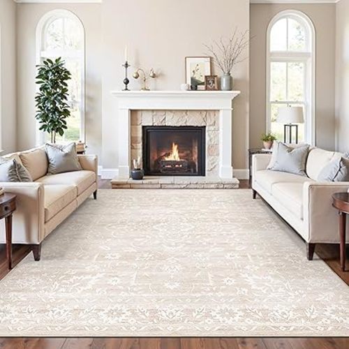 8x10 Area Rugs for Living Room, Stain Resistant Washable Rugs for Dining Room, Kitchen, Floral Vintage Non-Slip Thin Large Beige Rug