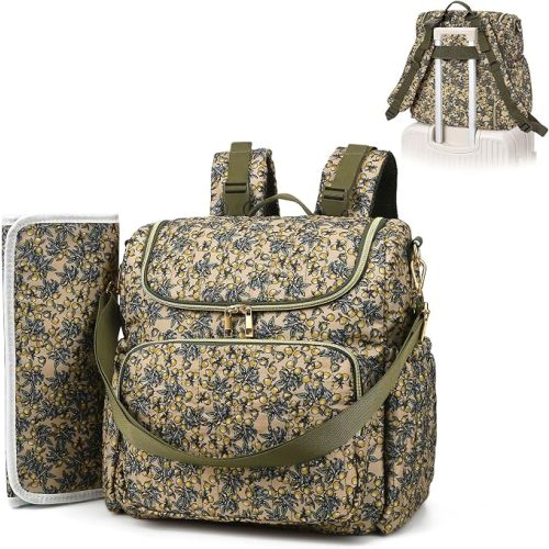 Quilted Floral Diaper Bag Backpack, Cute Mom Travel Diaper Backpack Purse