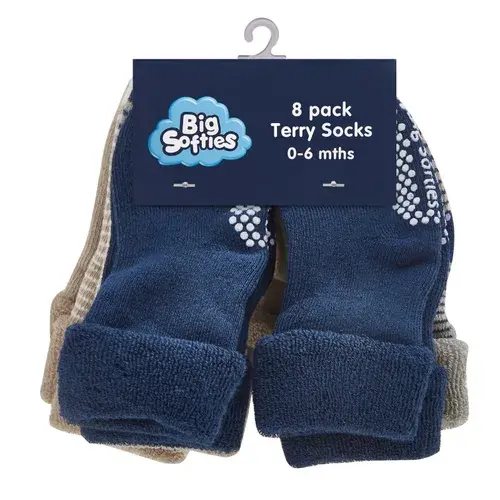 Big Softies Baby Boy's 8-Pack Anti-Slip Terry Socks | Baby Bunting AU