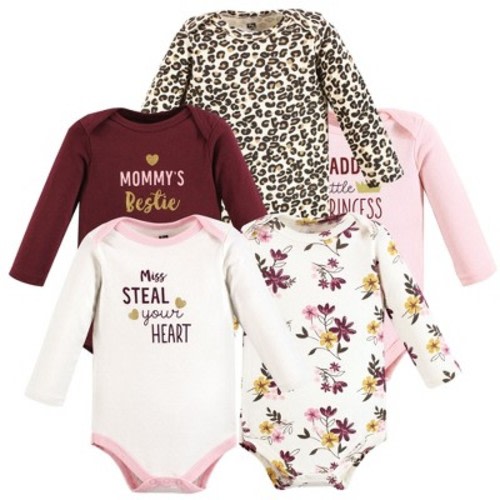 Hudson Baby Basics Infant Girls Cozy Long Sleeve Bodysuits 5-Pack, Sweetheart Charm, 3-6 Months