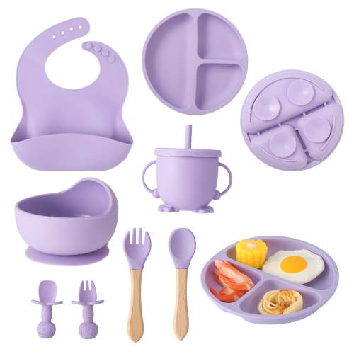 Silicone Baby Feeding Set, 8 Piece Baby Led Weaning Utensils Set Includes Suction Bowl and Plate, Baby Spoon and Fork, Sippy Cup with Straw, Baby Feeding Supplies Set(Dark Purple)