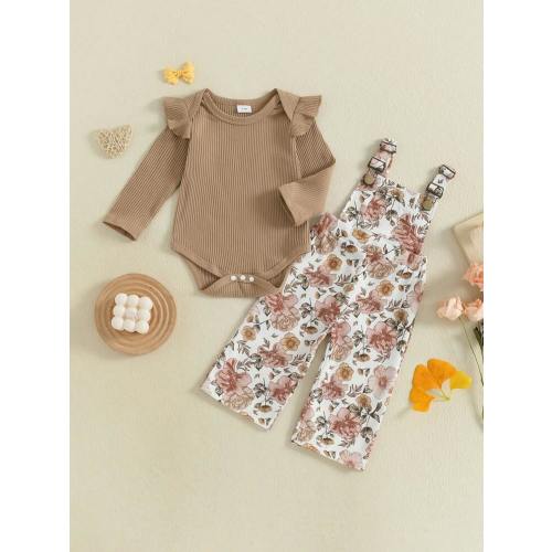 Infant Baby Girls Clothing Set Solid Color Long Sleeve Ribbed Romper With Print Overalls 2Pcs Outfit | SHEIN USA