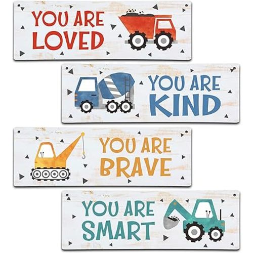 4 Pieces Construction Vehicles Decor Kids Room Wall Decor Wooden Sign - Motivational Wall Art For Kids Room Nursery Playroom Classroom B02
