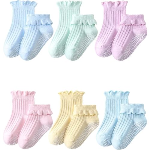 ALLOVIN 6 Pairs Baby & Toddler Girls Non-Slip Ruffle Lace Socks Soft Cotton Grip Socks Ideal Gift for Baby Shower & Birthday