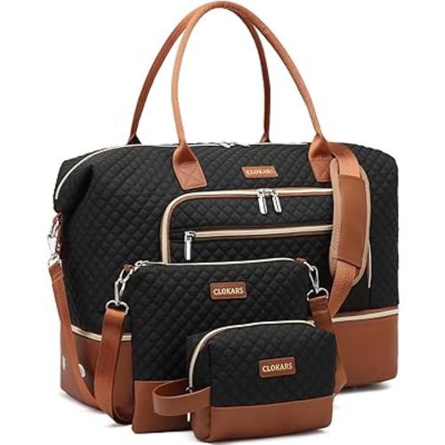 Weekender Bags for Women, Travel Duffle Bag Carry On Overnight Bag with Cosmetics Bag and Crossbody Purse for Gym Hospital, Gifts for Women, Black Brown