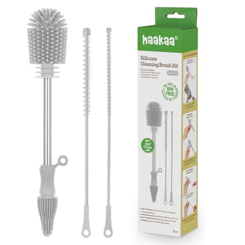 Haakaa Silicone Cleaning Brush Kit  Household Cleaning Brushes for Bottles and Crevices  Food-Grade Silicone: Dishwasher Safe (Kit-Grey)