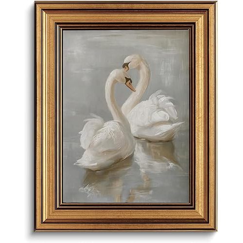 Gold Framed Wall Art Vintage White Swan Canvas Art Farmhouse Animals Picture Wall Decor Antique Prints Rustic Paintings Country Artwork for Bedroom Bathroom Living Room 8x10 Inch