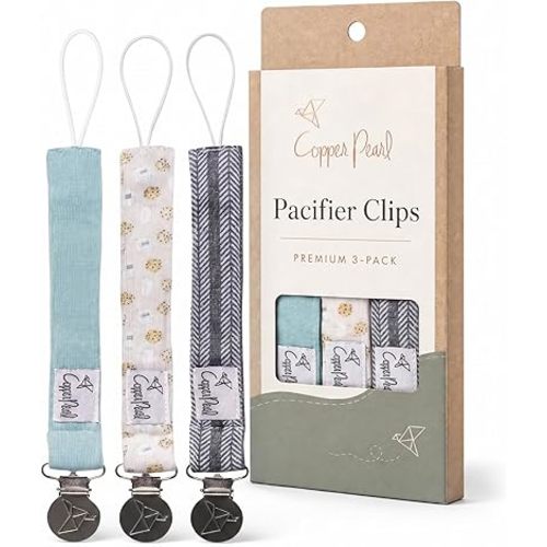 Copper Pearl 3-Pack Premium Knit Binky Holders: Stylish Stainless Steel Pacifier Clips for Baby Girls and Boys - No More Floor Drops