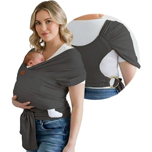 TAB Baby Wrap Ring Sling Carrier, Newborn to Toddler, Adjustable Ergonomic Design for Mom & Dad, Soft Breathable One-Handed Nursing Cover, Baby Shower & Registry Gift, Dark Gray & Gold Rings