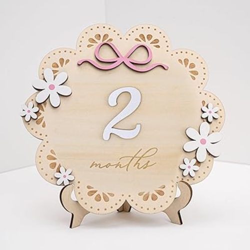 Baby Monthly Milestone Photo Sign, Wooden Floral Design with Pink Bows, Baby Girl Growth Tracker, 1-12 Months (Natural Wood and White with Pink Accents)