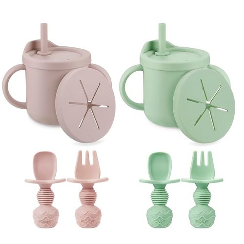 PandaEar 2 Pack Silicone Baby Straw & Snack Cup with 2 Spoons 2 Forks, Dual-Purpose Toddler Training Cups, Light Tan/Walnut