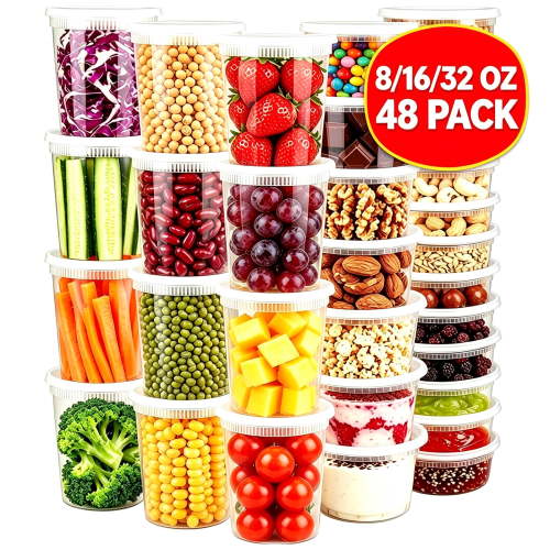 BYSNOW 48 Pack Plastic Deli Containers with Lids, 8oz 16oz 32oz Airtight Deli Food Storage Containers with Lids, BPA Free, Leakproof, Microwave Freezer Dishwasher Safe
