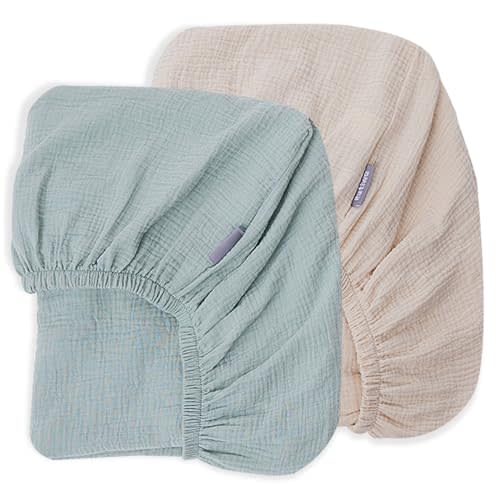2 Pack Muslin Crib Sheets for Boys Girls Rutiwa Baby Sheets for Crib 100% Cotton Soft Breathable Sheets Neutral Fit Standard Crib & Toddler Bed Mattress 28"x52"(Harbor Gray/Beige)
