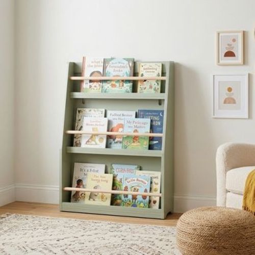 3‑Tier Kids Front‑Facing Bookshelf, Toddler Book Display Rack with Wooden Anti‑Fall Rails, Children Book Organizer for Playroom Nursery Bedroom