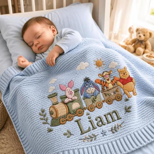 Personalized Embroidered Winnie The Pooh Baby Blanket, Custom Name Knit Blankets, Baby Shower Gift, Welcome Baby Blanket