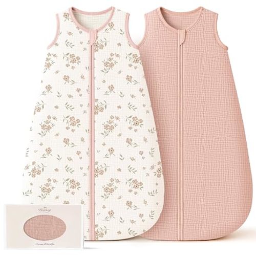 Konssy Muslin Baby Sleep Sack 0-6 Months, 0.8 TOG Baby Wearable Blanket | 2 Pack, Two-Way Zipper, 100% Cotton, Soft & Breathable Sleeping Sack, Infants and Toddlers Nursery Essentials (Blossom,Pink)