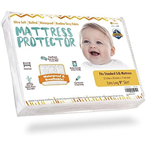 Crib Mattress Protector - Waterproof Pad Cover, Ultra-Soft Bamboo, Fitted Sheet with Large 9” Skirt - Quilted, Washer/Dryer Friendly with Stain Protection for Baby Bed