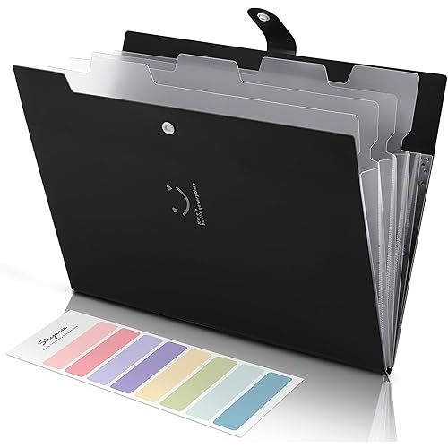 SKYDUE File Folder with 8 Labels, 5 Pockets Accordion Paper Organizer for School and Office，A4 Letter Size，Black