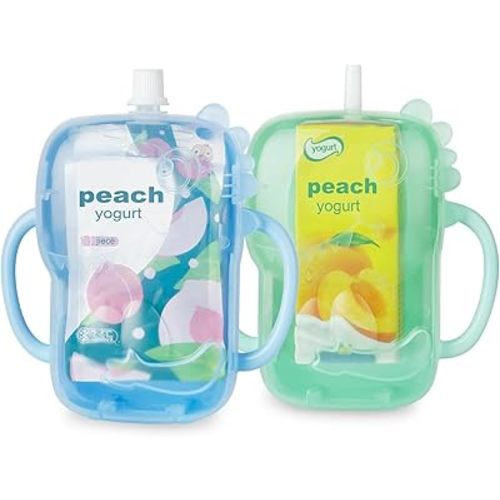 PandaEar 2 Pack Squeeze Proof Food Pouch Holder for Toddlers | Spill-Proof Baby Pouch Holder with Handles | Fits Most Food Pouches & Juice Boxes, Dinosaur Design -Baby Blue/Green