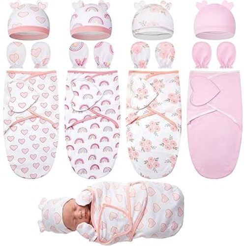 Ramede 4 Pack Baby Swaddle Blanket with Hats and Gloves Swaddle Infant Outfit for Newborn 0-3 Months Soft & Snug Sacks Cotton(Heart,Pink and White)