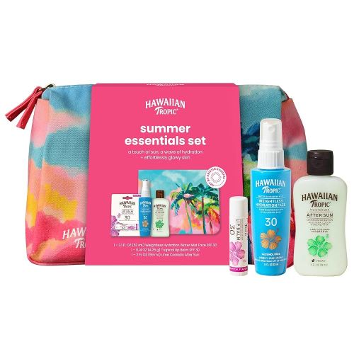 Hawaiian Tropic Summer Essentials Set – Includes Travel Size Sunscreen for Face, SPF Lip Balm, After Sun Lotion & Kristin Konefal Bag | Sunscreen Set, Beach Essentials, Beach Gifts, Travel Kit