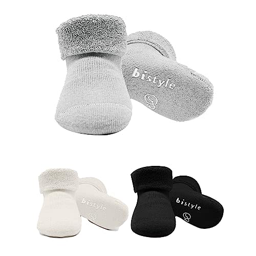 Bistyle Baby Non-Slip Terry Socks 3 Pairs - Thick Cotton Seamless Infants Toddlers Kids Winter Warming Socks