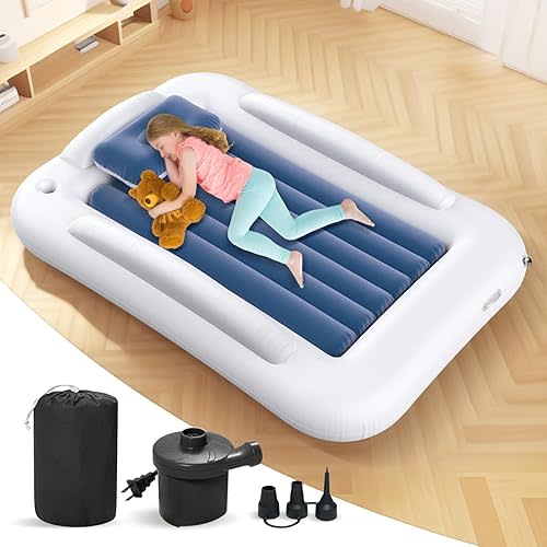 Inflatable Toddler Travel Bed - 60 Inches Portable Toddler Bed for Travel with Safety Sides - Cozy Kids Air Mattress Set with Built-in Electric Pump & Carry Case- Easy to Inflate - Sea Blue