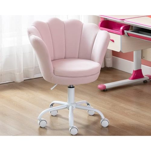 Cute Kids Desk Chair,Velvet Bedroom Chair Adjustable Child Computer Chair Swivel Shell Vanity Chairs for Girls Bedroom/Study Room, Light Pink