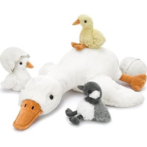 Tezituor Goose Stuffed Animal with Babies&Eggs, 23.6" Large Goose Plush Hugging Pillow Soft Swan Plushies Toys Birthday Christmas for Kids Boys Girls