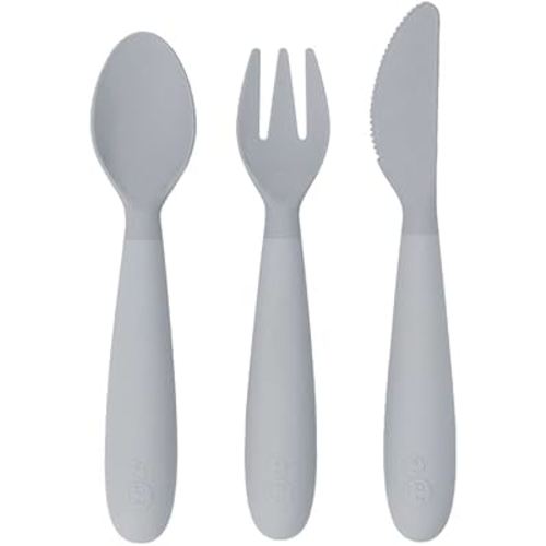 ezpz Happy Utensils (Pewter) - 24 Months+ - BPA Free Toddler Utensils - Fork, Spoon and Knife for Toddlers and Preschoolers - Kids for Self-Feeding Development