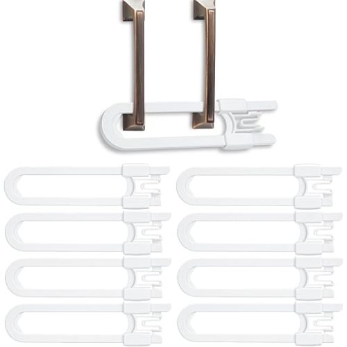 Vmaisi 8 Pack Baby Sliding Cabinet Locks - Adjustable U Shaped Child Safety Locks,Childproof Latches for Kitchen Bathroom Storage Cupboards Doors, Handles and Knobs White