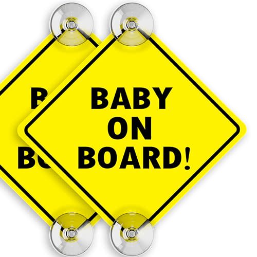 Baby On Board Sign with Suction Cups, 5" by 5" - Essential Safety Signs for Cars - Bright Yellow, Durable and Strong Suction