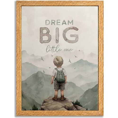 Dream Big Little One Mountain Adventure Canvas Wall Art,Watercolor Boy Hiking Kids Room Painting Picture Wall Decor,Inspirational Nursery Poster Print Artwork,for boys' room home decoration,Framed