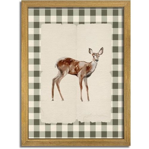 Wood Framed Deer Wall Art Print, Woodland Baby Deer Canvas Poster Wall Decor, Vintage Rustic Green Gingham Farmhouse Animal Picture for Living Room Kitchen Bedroom Nursery Decor, 8x10 inch