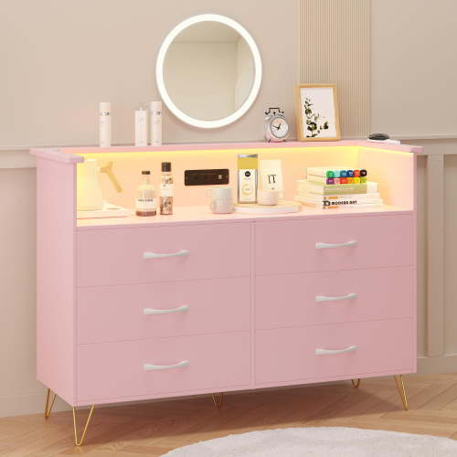 TROPOW Pink Dresser with LED Light & Power Outlet, 6-Drawer, 49.1"