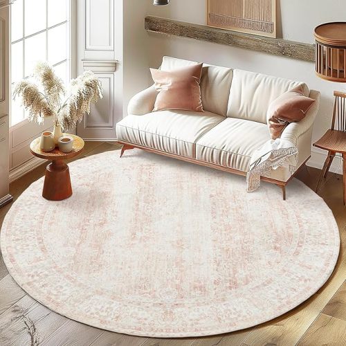 7' Round Kitchen Living Room Bedroom Dining Room Vintage Rug Indoor Floor Cover Floral Print Blush Pink Circle Rug