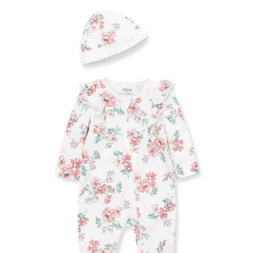 Whimsical Floral 2-Way-Zip Footed One-Piece And Hat