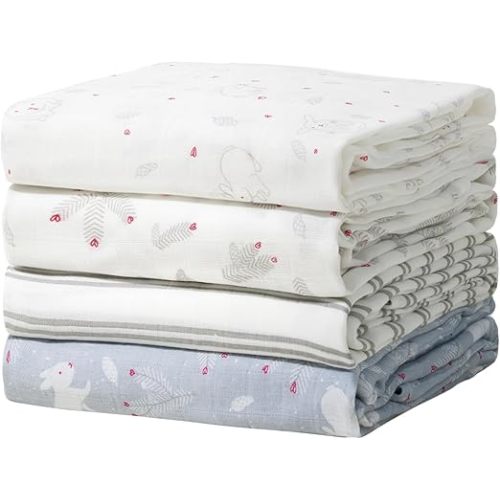 Momcozy Muslin Swaddle Blankets, 4 Pack, Ultra Soft, Neutral Matching, Breathable 2-Layer Gauze Large 47'' x 47'' Baby Swaddling Receiving Blanket Wraps for Newborn Boys Girls, Creamy Rabbit