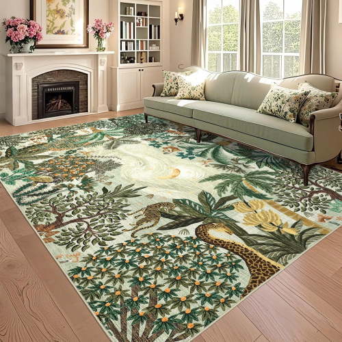 Garvee 8x10 Jungle Animal Print Area Rugs Living Room Rug, Washable Rug Forest Botanical Bedroom Carpet with Non Slip Backing for Dining Room, Green