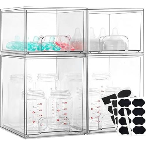 Baby Bottle Organizer, 4 Pack Bottle Storage Organizer Baby with Labels, Clear Stackable Storage Drawers for Bottles, Nipples, Pump Parts, Bottle Station Organizers for Countertop and Cabinet