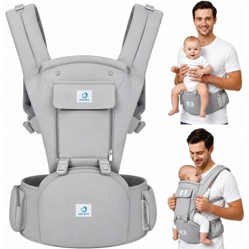 6-in-1 Baby Carrier Newborn to Toddler, Adjustable Toddler Carrier with Detachable Hip Seat (for 7–45 lb), Head & Neck Support, Breathable Cotton, Multiple Carry Positions for Travel & Daily Use