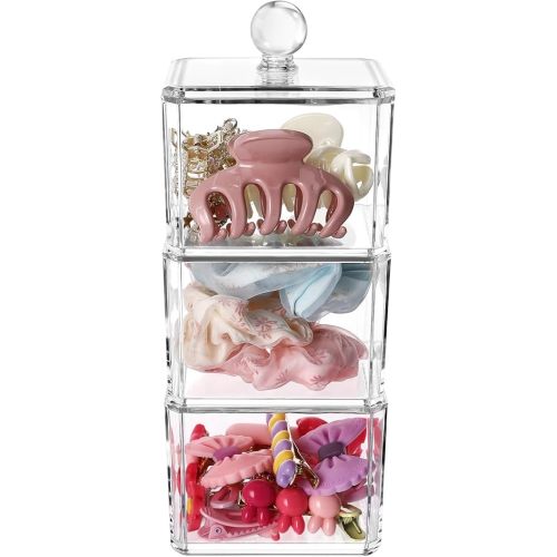 Hair Accessories Organizer for Girls, Clear 3 Stackable Acrylic Hair Tie Organizer for Headband, Bows, Cotton Swab Organization, Bathroom Containers Hair Clip Holder Storage with Lids