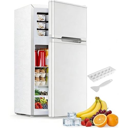 Electactic 2.5 Cu.Ft Mini Fridge with Freezer, Double-Door Compact Refrigerator, Adjustable Glass Shelves, Mechanical Thermostat & Built-in Casters, Space-Saving for Apartment/Dorm/Office, White