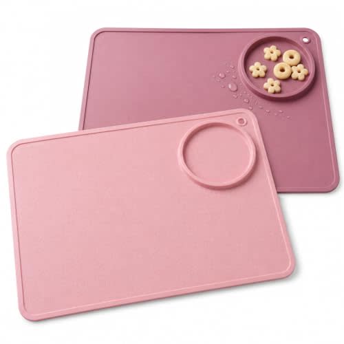 Silicone Baby Placemats for Kids, 2 Pack Toddler Placemats for Dining Table | Built-in Feeding Bowl & Cup Area, Fine Textured Surface, 14 x 10 Inch, BPA Free, for Self-Feeding & BLW